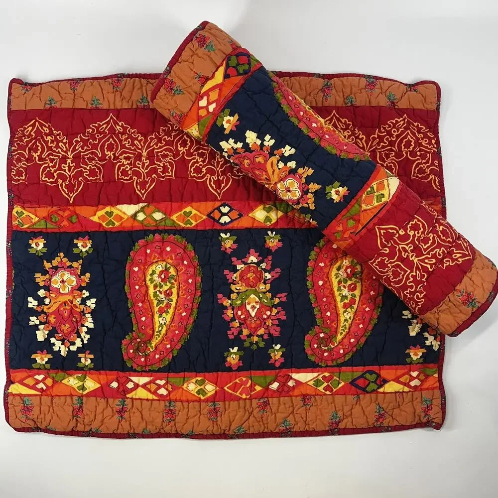 The Company Store Standard Pillow Sham Set Quilted Red Paisley Boho Patchwork